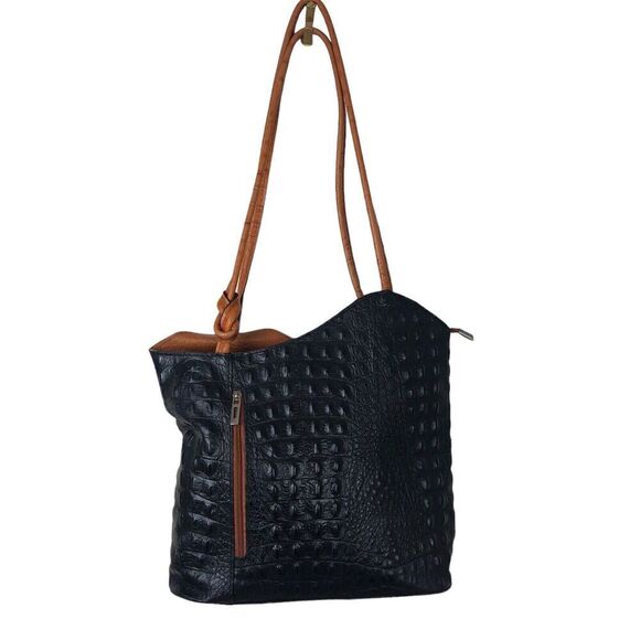 Moda In Pelle Purse Womens Black Ostrich Pattern Italian Leather Tote Backpack - Picture 5 of 16